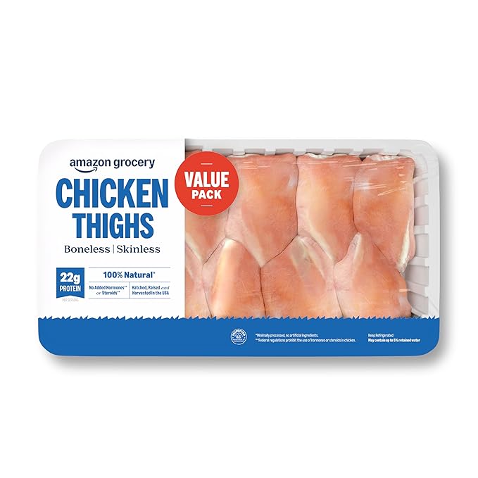 Amazon Grocery, Chicken Thighs Value Pack, Boneless Skinless, 100% Natural, Weight Varies