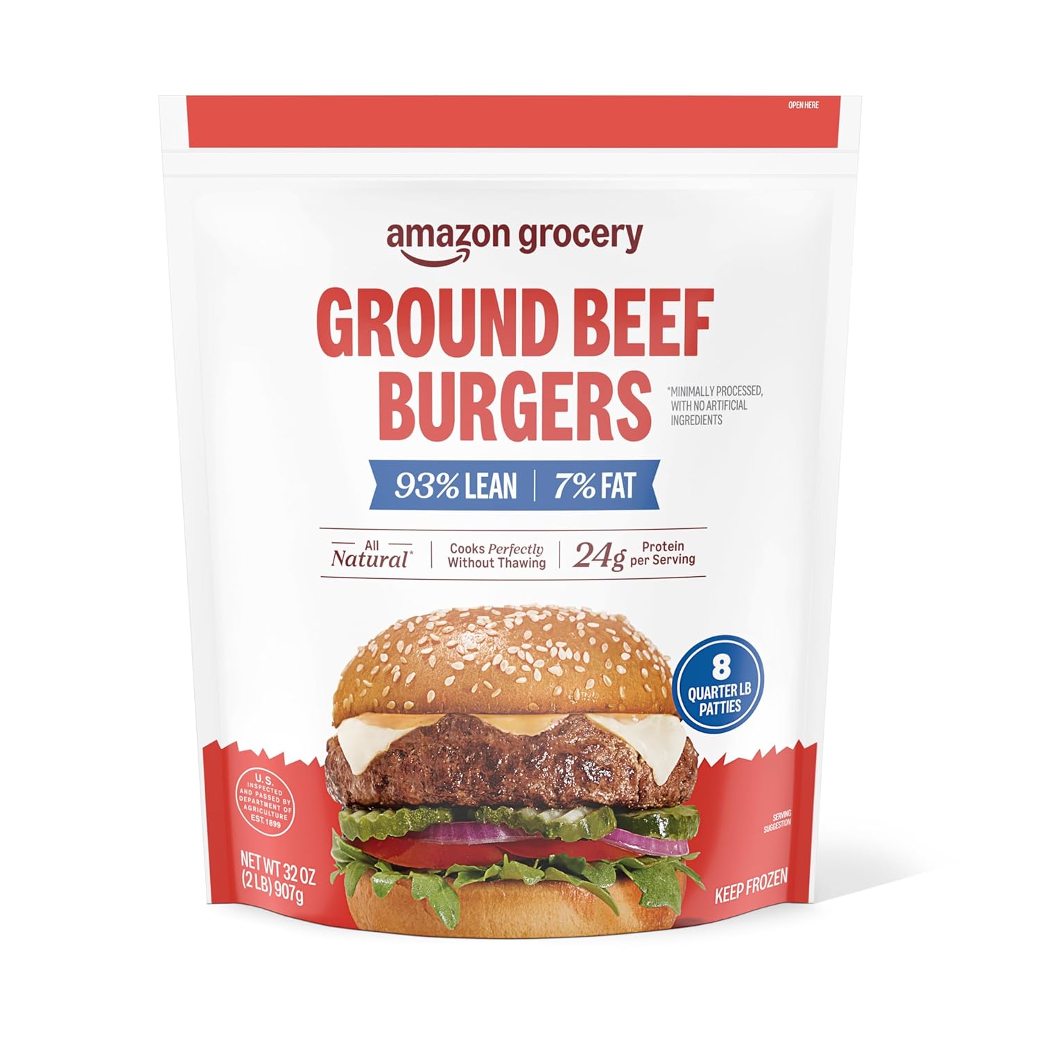 Amazon Grocery, Ground Beef Burgers, 93% Lean, 7% Fat, 32 Oz, 8 Ct, Frozen (Previously Fresh Brand, Packaging May Vary)