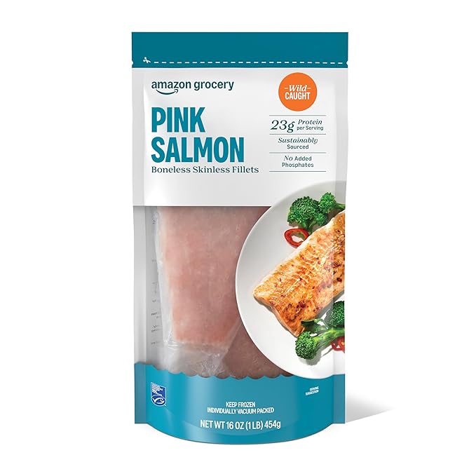 Amazon Fresh Brand, Wild Caught Pink Salmon Skinless Fillet Portions, Frozen, Sustainably Sourced, Phosphate Free, 1 Lb