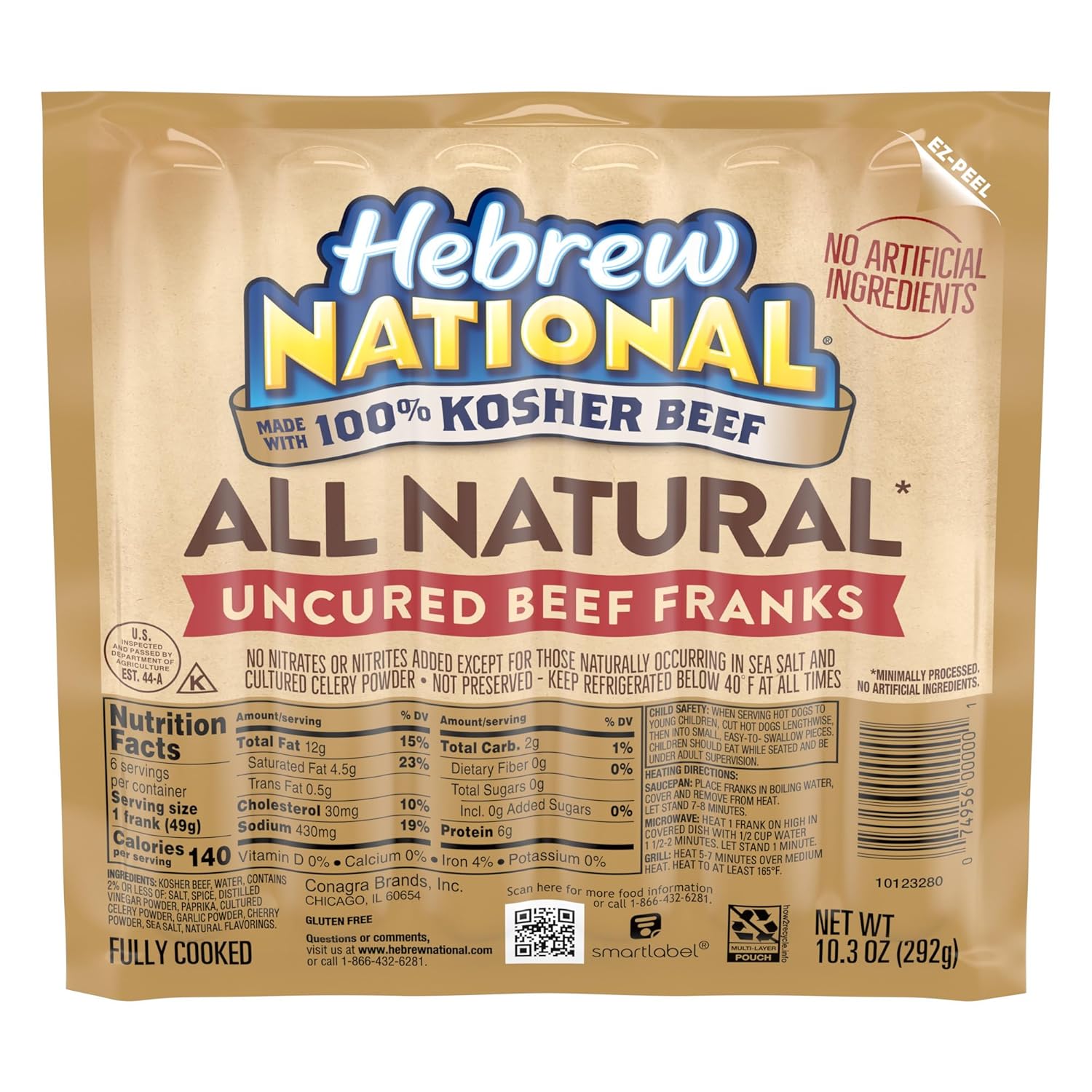 Hebrew National All Natural(1) Uncured Beef Franks, Hot Dogs, 10.3 OZ, 6 Count Pack
