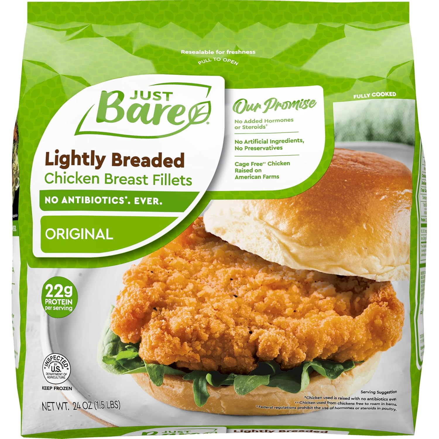 Just Bare® Chicken Lightly Breaded Chicken Breast Fillets| Fully Cooked | 16 G Protein | Frozen | 1.5 LB
